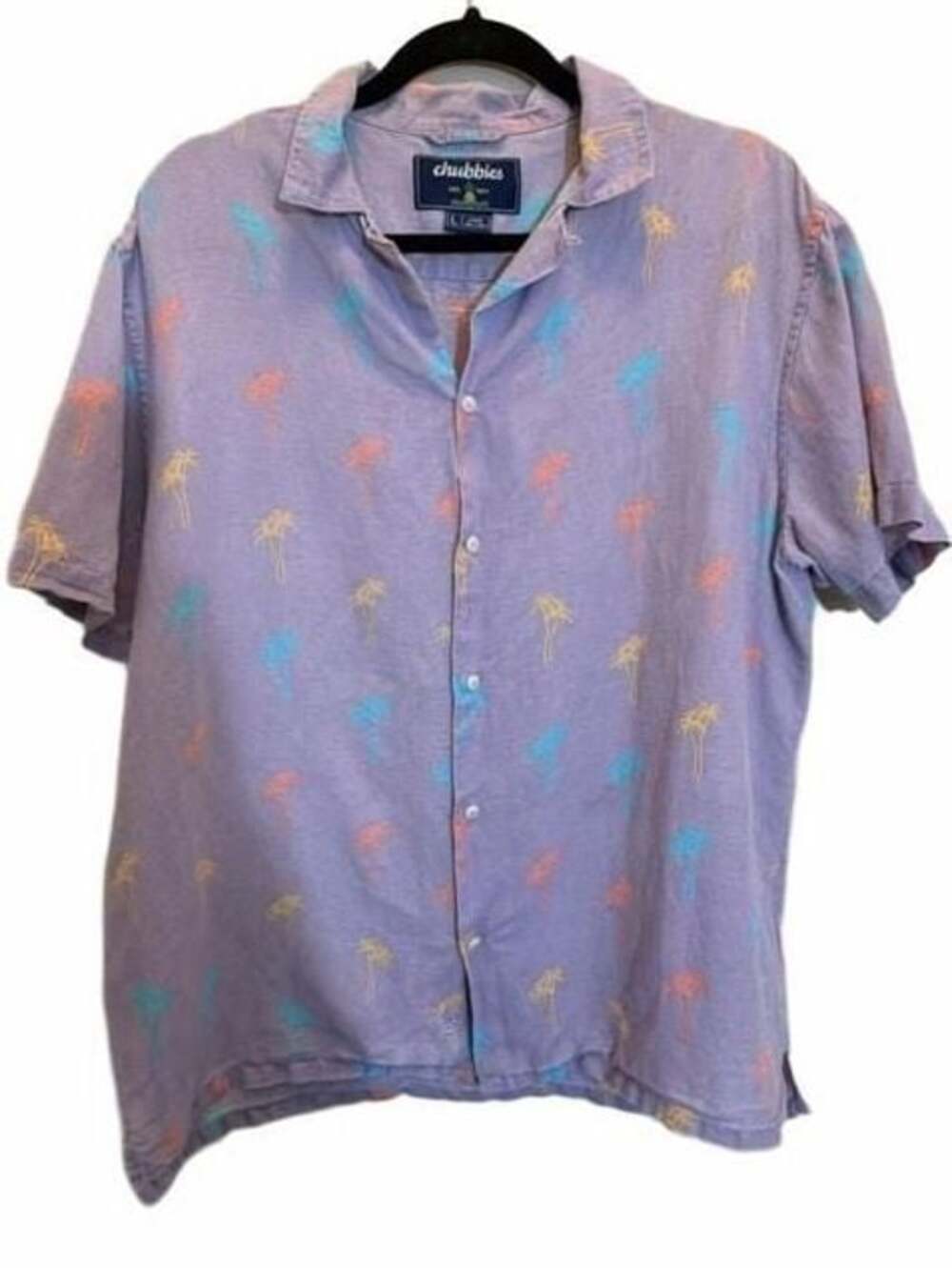 Chubbies Men's Short Sleeve Button Down Shirt Purple Palm Tree Print Size L